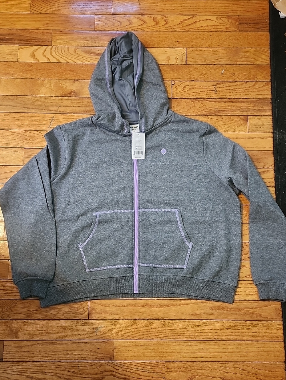NWT! Girl Scout's Girls Gray Hooded Zip-Up Sweatshirt with Purple Trim; Teen 2X